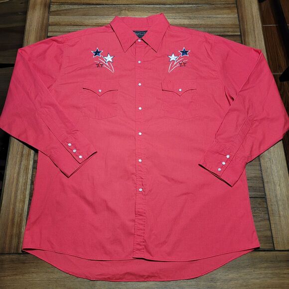 High Noon Full Pearl Snap LS Western Shirt Red w/ Embroidered Stars - Size XL - Picture 2 of 5